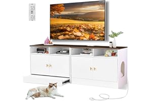 JanflyHome Litter Box Enclosure for 2 Cats, 63" Cat Litter Box Enclosure Furniture with Double Room, Wooden Litter Box Cabinet with Outlet, Sliding Bottom Easy to Clean, White & Walnut