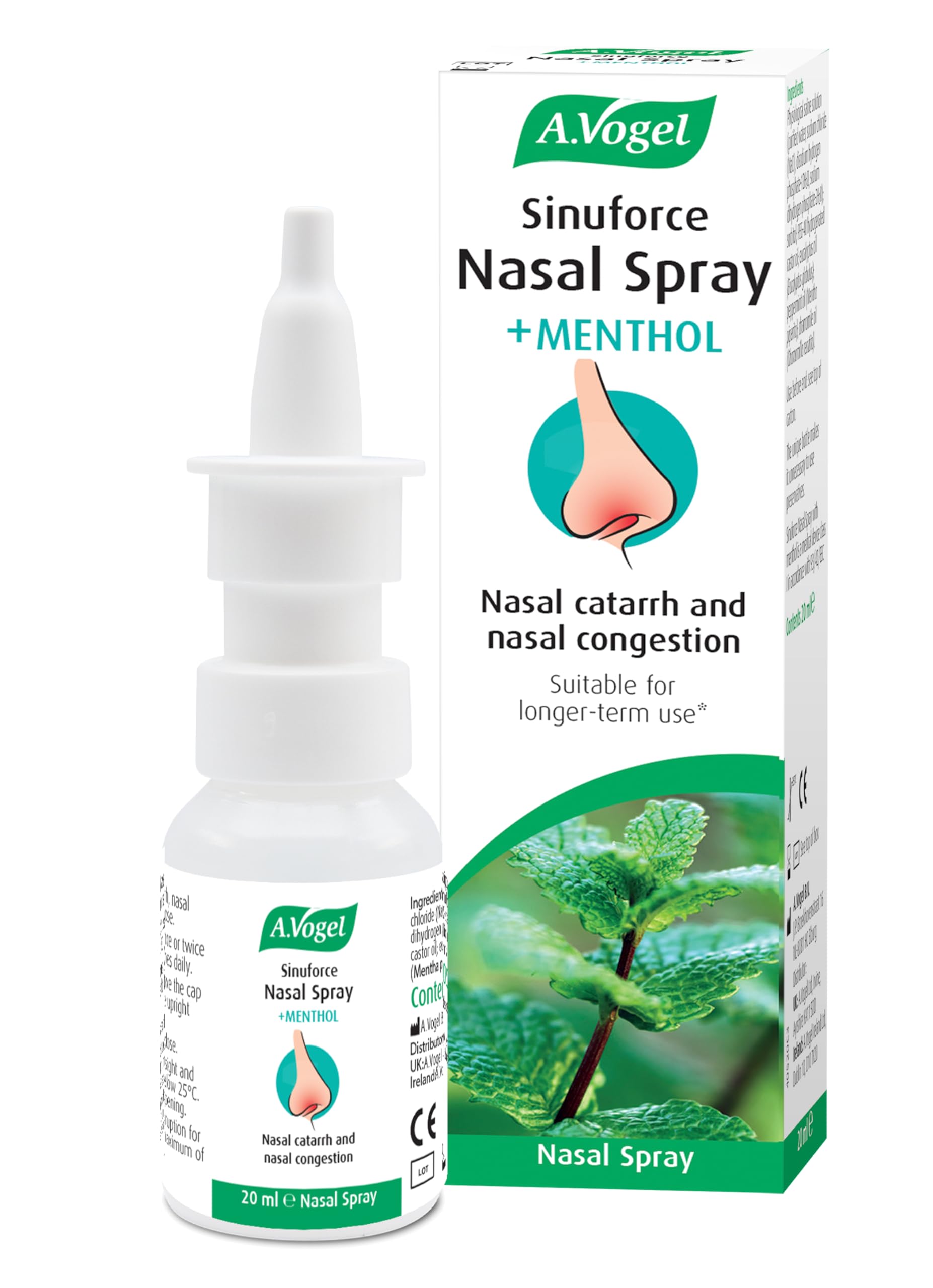 A.Vogel Sinuforce Nasal Spray + Menthol | Provides Fast Relief for Blocked Nose, Congestion & Nasal Catarrh | with Eucalyptus, Peppermint & Chamomile Oil | Suitable for Longer Term use | 20ml