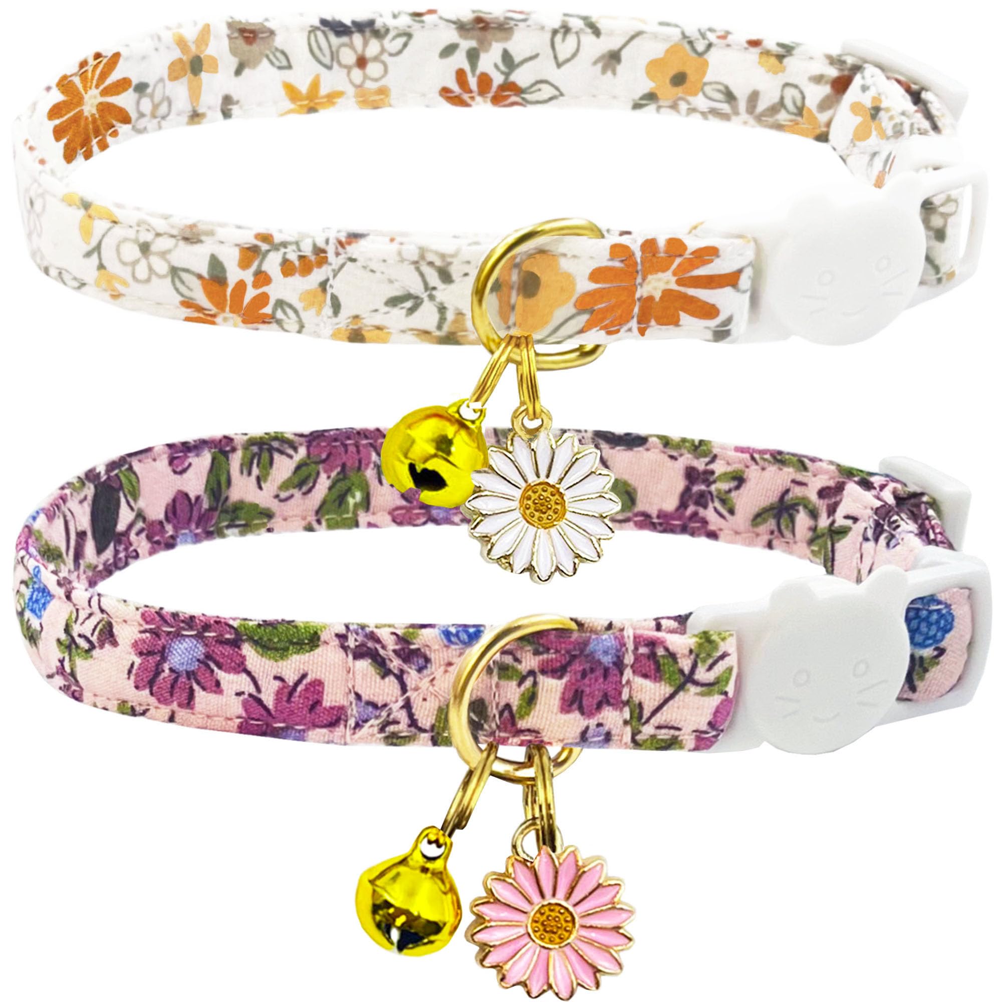 Photo 1 of 2 Pack Cotton Breakaway Cat Collars Set with Bell and Flower Pendant, Cute Floral Fruit Patterned, Adjustable 7.5-11Inch, Include A Mouse Toy Gift