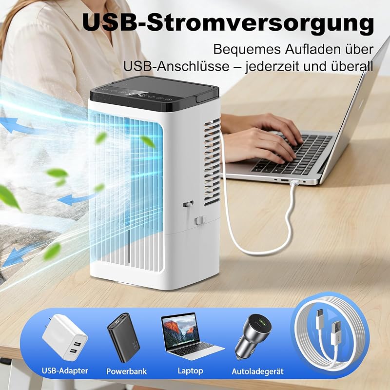 Klimaanlage Mobil, Mini Luftkühler, mit 2 Sprühstufen & 4 Geschwindigkeitsstufen, 1200ml Wassertank, 7 Farben Nachtlicht, 1-8 Stunden Timer, für Schlafzimmer und Büro (Cremeweiß) — Foto 6 von 7