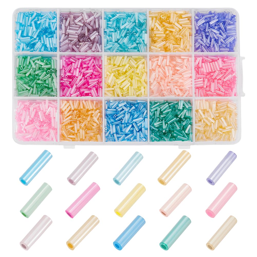 PH PandaHall 3240pcs 15 Cream Colours Glass Bugle Beads 6mm Long Tube Seed Bead Waist Beads Craft Spacers for Earrings Bracelets Necklaces Jewellery Making, Hole: 0.8mm