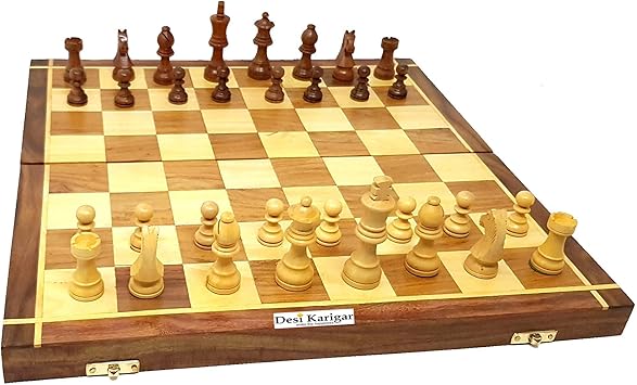 Desi Karigar Wooden Handmade Standard Classic Chess Board Game Small Chess Pieces Foldable Size 16 Inches (Non-Magnetic)