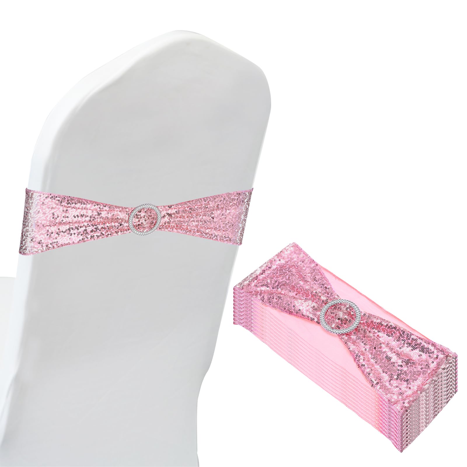 PATIKIL 14"x6" Stretch Chair Sashes Bows, 10 Pack Elastic Chair Bands Sashes with Buckle Slider for Wedding Banquet Decorations, Rose Pink