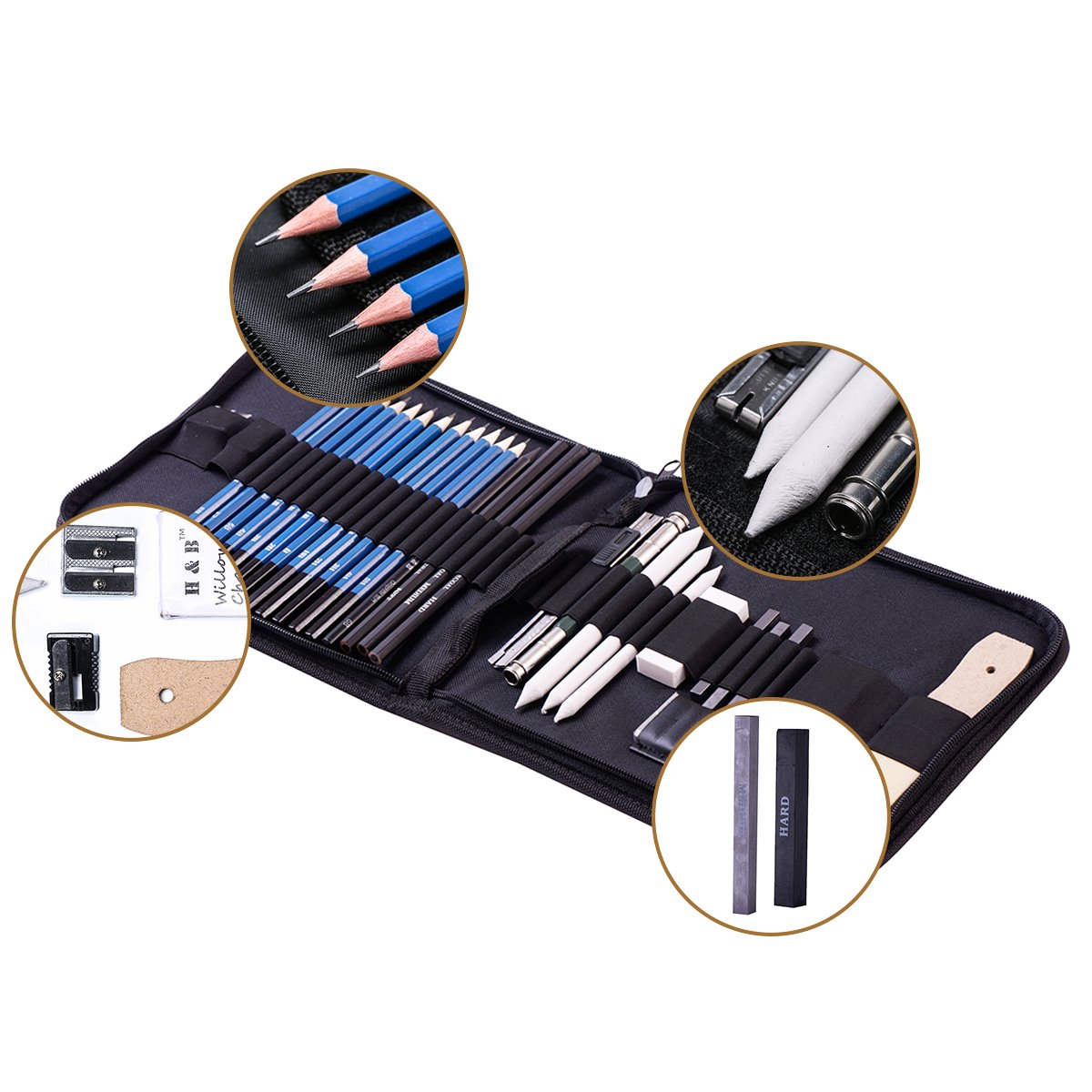 H&B Sketching Pencils Set Drawing and Sketch Kit 32-Piece Set with Pencils, Erasers, Graphite Stick, Sandpaper Block, Pencil Sharpener