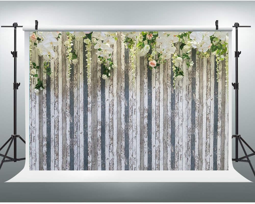 ML Photography Background Wood 7x5 White Flowers Photo Background Fringe for Wedding Engagement Party Grey with Gray Wood Wall Backdrops