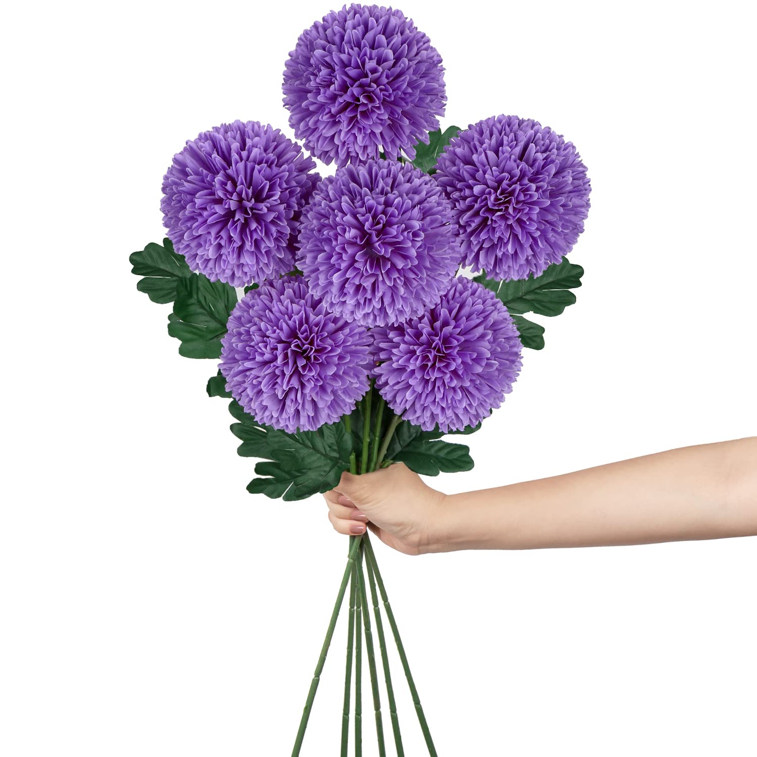 Hollyone 4'' Large Artificial Chrysanthemum Flowers with 24.7'' Long Stem, 6 pcs Purple Fake Silk Flowers Faux Ball Flower for Home Decor, Bridal, Wedding, Party, Garden, Floral Arrangement