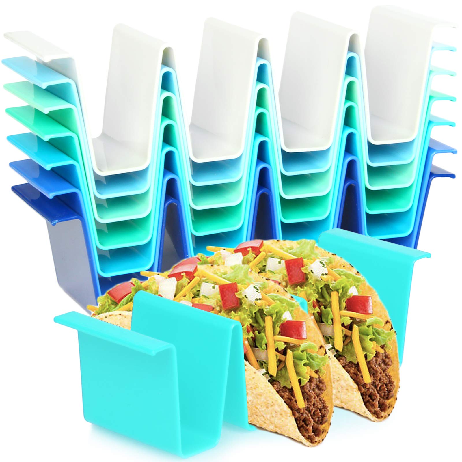 Youngever 8 Pack Re-usable Plastic Taco Holder Stand, Dishwasher Top Rack Safe, Microwave Safe, Set of 8 Assorted Colors (Coastal)