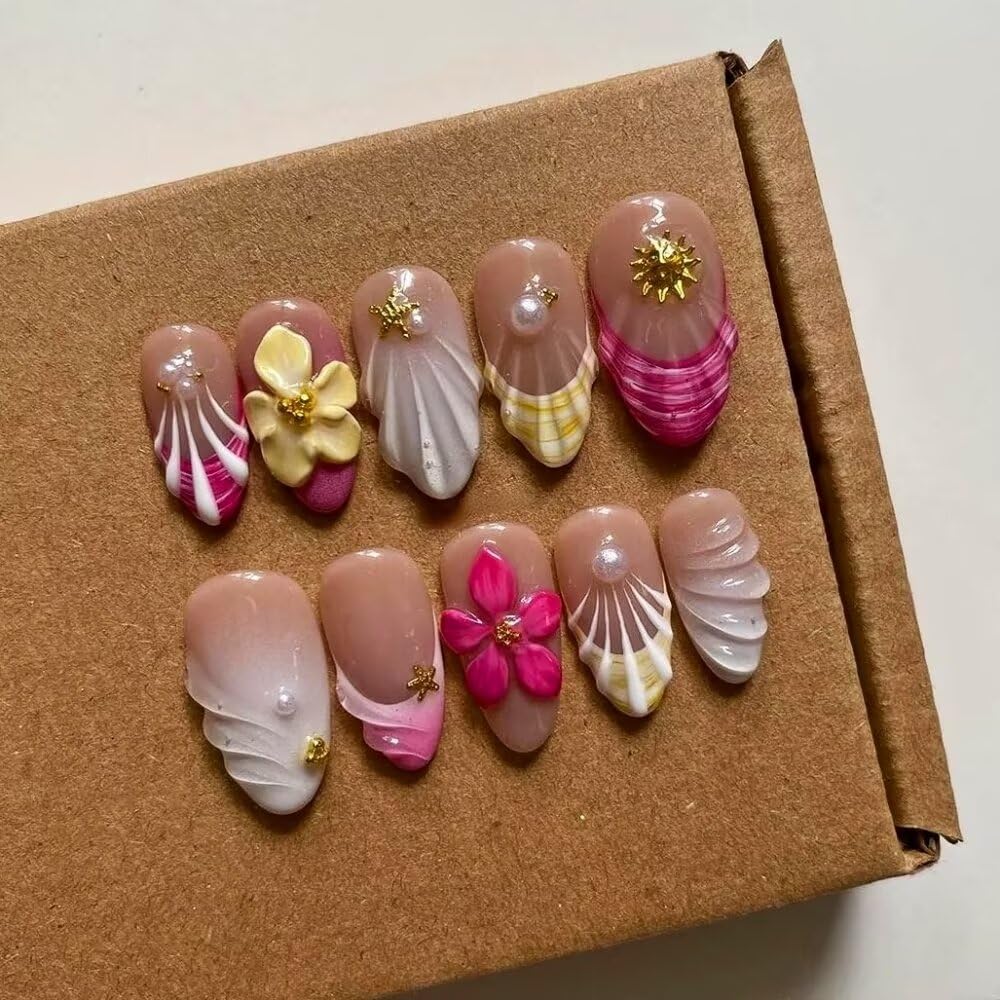 Press On Nails - Luxury Medium Almond 3D False Nails Women Reusable ABS Material Finger Printed Nail Tip French Salon Design Artificial Fingernail