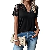 SweatyRocks Women's Lace Scallop Trim T Shirt Short Sleeve V Neck Tank Tee Tops
