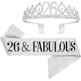 UVATAHONA 26th Birthday Sash and Tiara for Women, 26 & Fabulous Birthday Sash and Crown for Party Favors Supplies and Decorations, Silver