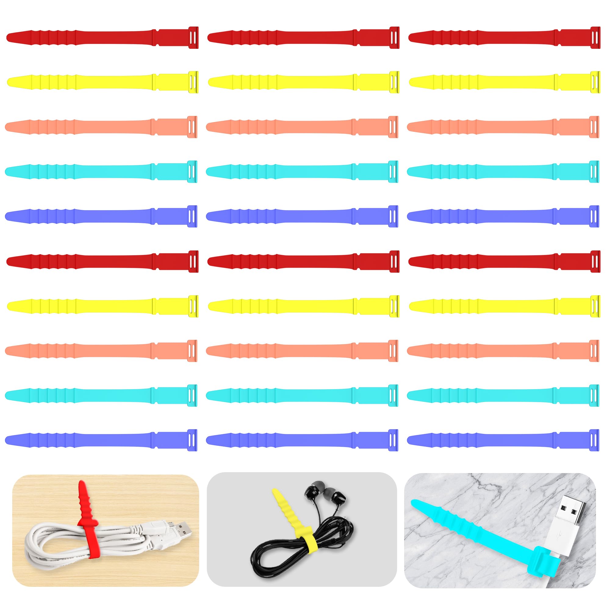 Silicone Cable Ties Cord Organizer, 4.5" Reusable Zip Ties, 30pcs Rubber Cable Ties Straps for Wire Management, Elastic Cable Organizer for Home Office Supplies(11.3cm, 30pcs, Multicolor - Warmcolor)