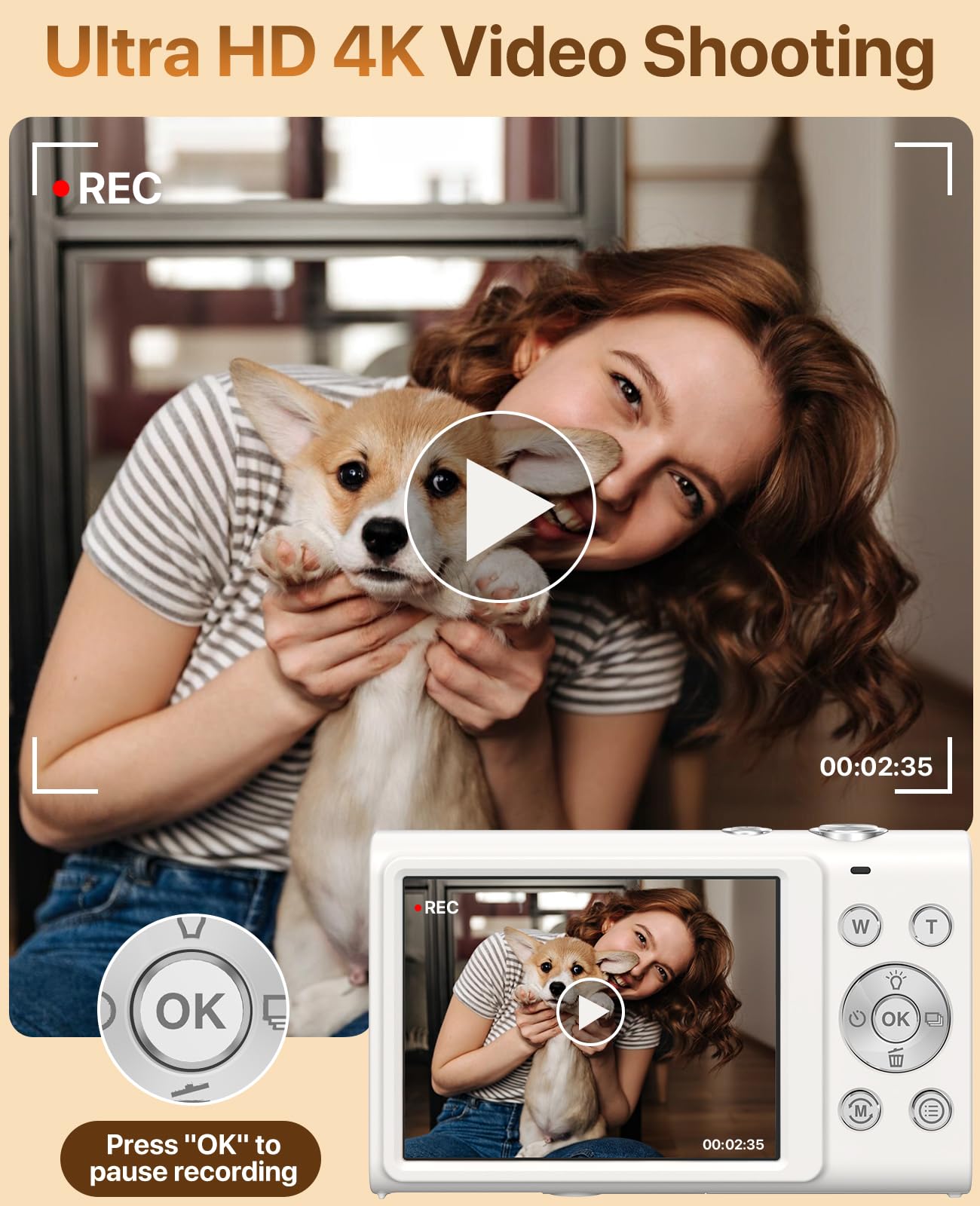 Digital Camera, 4K Vlogging Camera for YouTube Autofocus Cameras for Photography with 16X Digital Zoom, 48MP Compact Point and Shoot Digital Camera for Teens Adult with 32GB SD Card, 2 Batteries-White