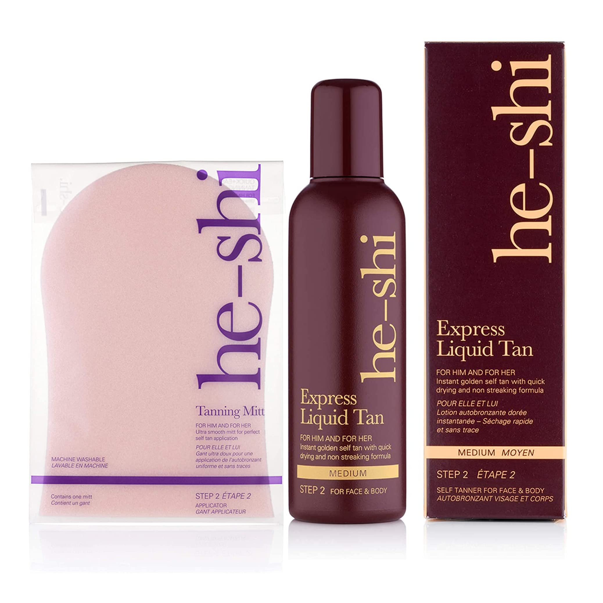 He-Shi Express Liquid Tan & Tanning Mitt Kit - 1 x Express Liquid Tan Instant Fake Tan Liquid, Medium - 1 x Double Sided Fake Tan Applicator Glove - Streak Free Instant Tan & Applicator - 2-Piece Set