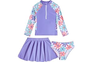 VIEILLE Girls Swimsuit 3-Piece Zipper Rash Guard UPF 50+ Long Sleeve Skirt Set Bathing Suit Size 6-12 Years
