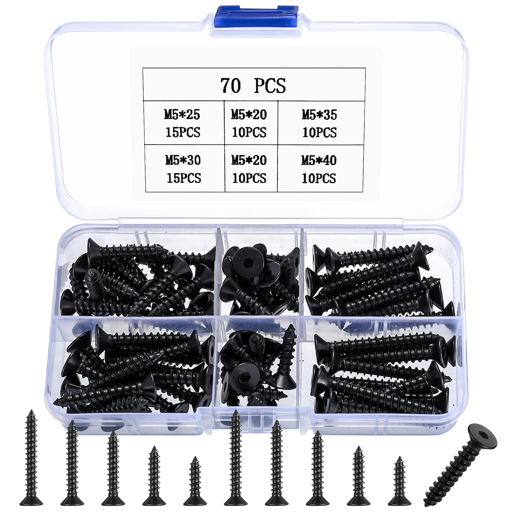 70 Pcs M5 Black Self Tapping Screws for Wood Assortment Set, Countersunk Head Hex Socket Cap Screws, Flat Head Decking for Furniture Drywall Chipboard