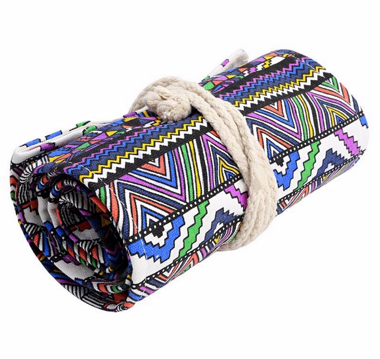 Leuchtbox Colourful Ethnic Pencil Roll Writing Case Roll Pencil Case Pen Holder Artist Case Made of Canvas Fabric for Pens Brushes Makeup Stationery etc, One size, 48 eyelets