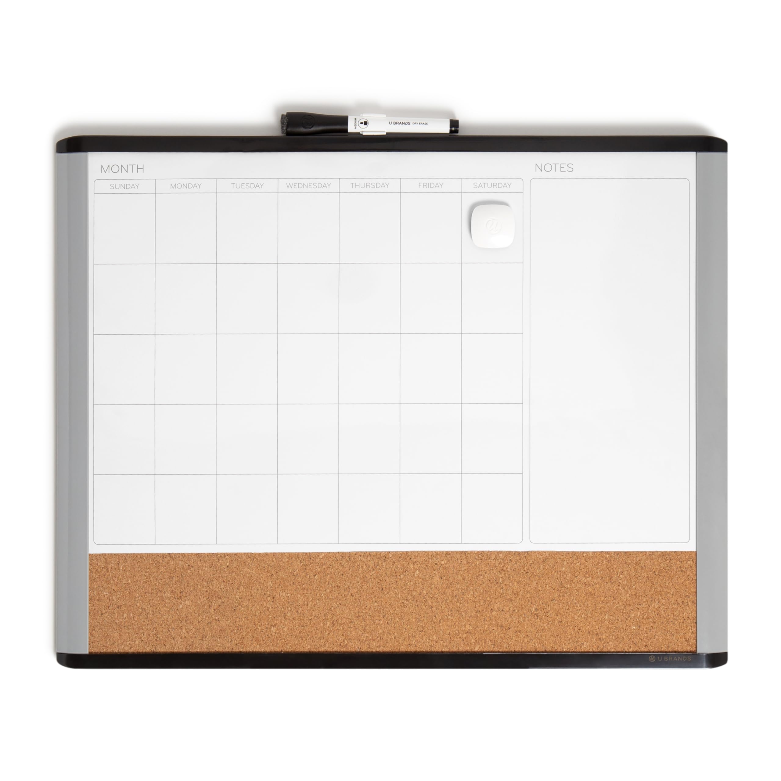U Brands Whiteboard Planner, Magnetic 3-in-1 Dry Wipe Calendar Board 41x51 cm with Black and Grey Frame, Includes Cork Bulletin Section, Marker, Clip and Magnet, White Board for Home, School, Office