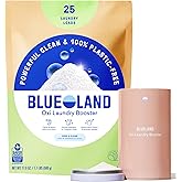 BLUELAND Oxi Laundry Booster Powder with Tin, Starter Set, Fragrance Free & Clear, 25 Loads, 17.6 oz, Plastic-Free, Eco Friendly, Oxy Cleaner, Stain Remover