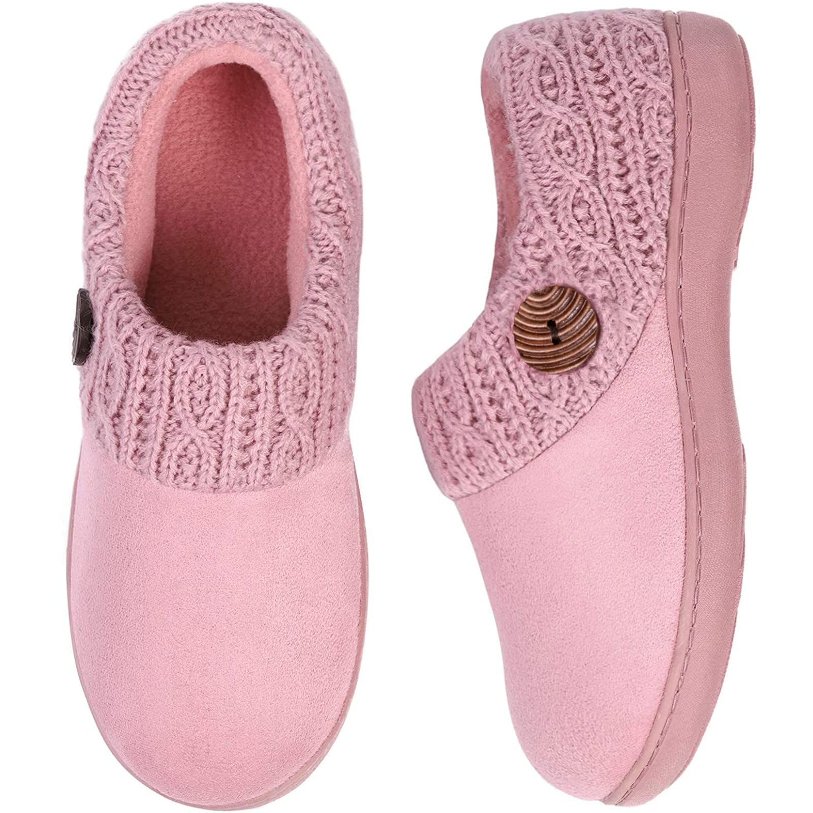 Photo 1 of EverFoams Women's Microsuede Slippers Warm Comfy Memory Foam Indoor House Shoes with Knit Collar (7-8 M US, Pink)