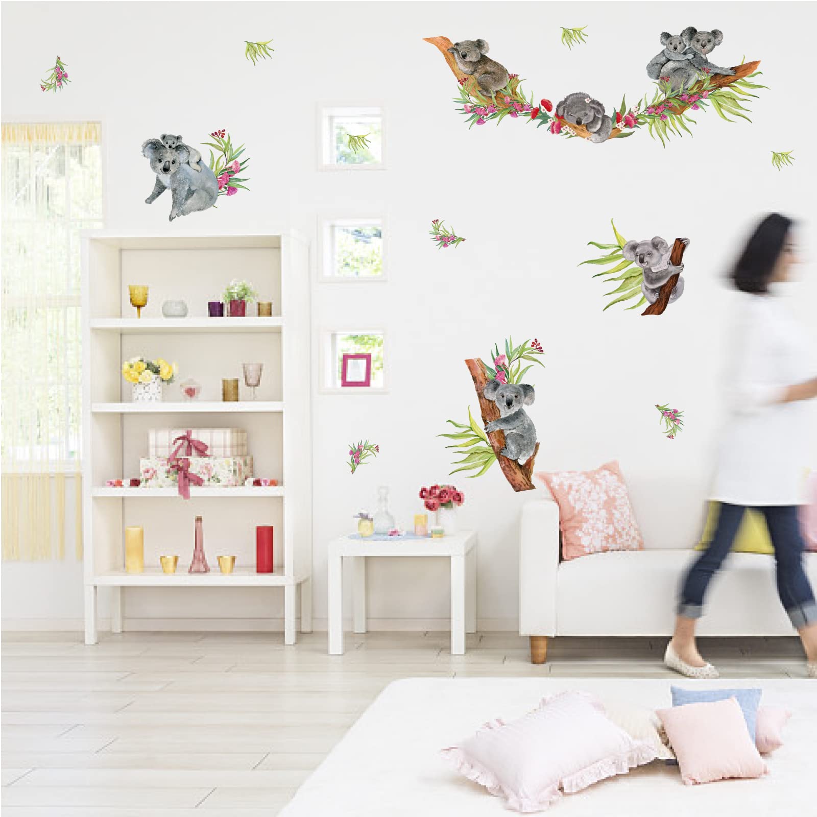 SUPERDANT Tree Climbing Koala Wall Decal Colorful Australian Animal Wall Stickers Koala Family With Flowers Wall Art Sticker for Chlidren 's Room Nursery Decoration 29x90cm