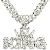 JHJEWH 20Inch Cuban Link Chain for Men,Silver Plated Bling Hip Hop Necklace,Miami Diamond KING Pendant Necklace,Iced Out Hip Hop Jewelry Gift for Men & Women
