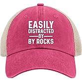 Easily Distracted by Rocks Hat Trucker Hat Men Funny Mesh Baseball Cap for Summer Pink