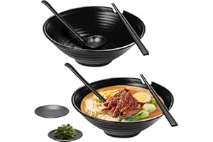 Ramen Bowl Set of 2, Japanese Ramen Bowls 37 oz Large Asian Soup Bowl Melamine Noodle Black Unbreakable Ramen Bowl with Chops