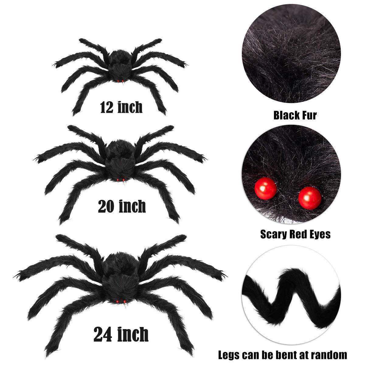 3 Pack Halloween Giant Spider Set, Large Fake Spider Realistic Hairy Spiders Halloween Indoor and Outdoor Yard Decoration, Creepy Black Spiders Comes With 24pcs Small Size Halloween Bat Kit for Gift