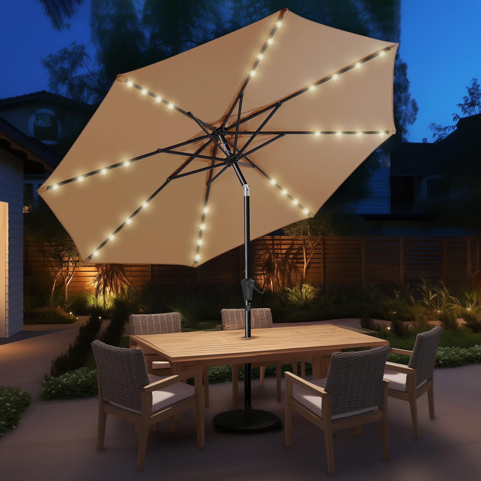 Photo 1 of HOMSHADE 9ft Solar Patio Umbrella - Solar Lights LED Lighted Outdoor Market Table Umbrella, UPF50+ UV Protection with Push Button Tilt, Crank for Pool Deck and Garden (Beige)