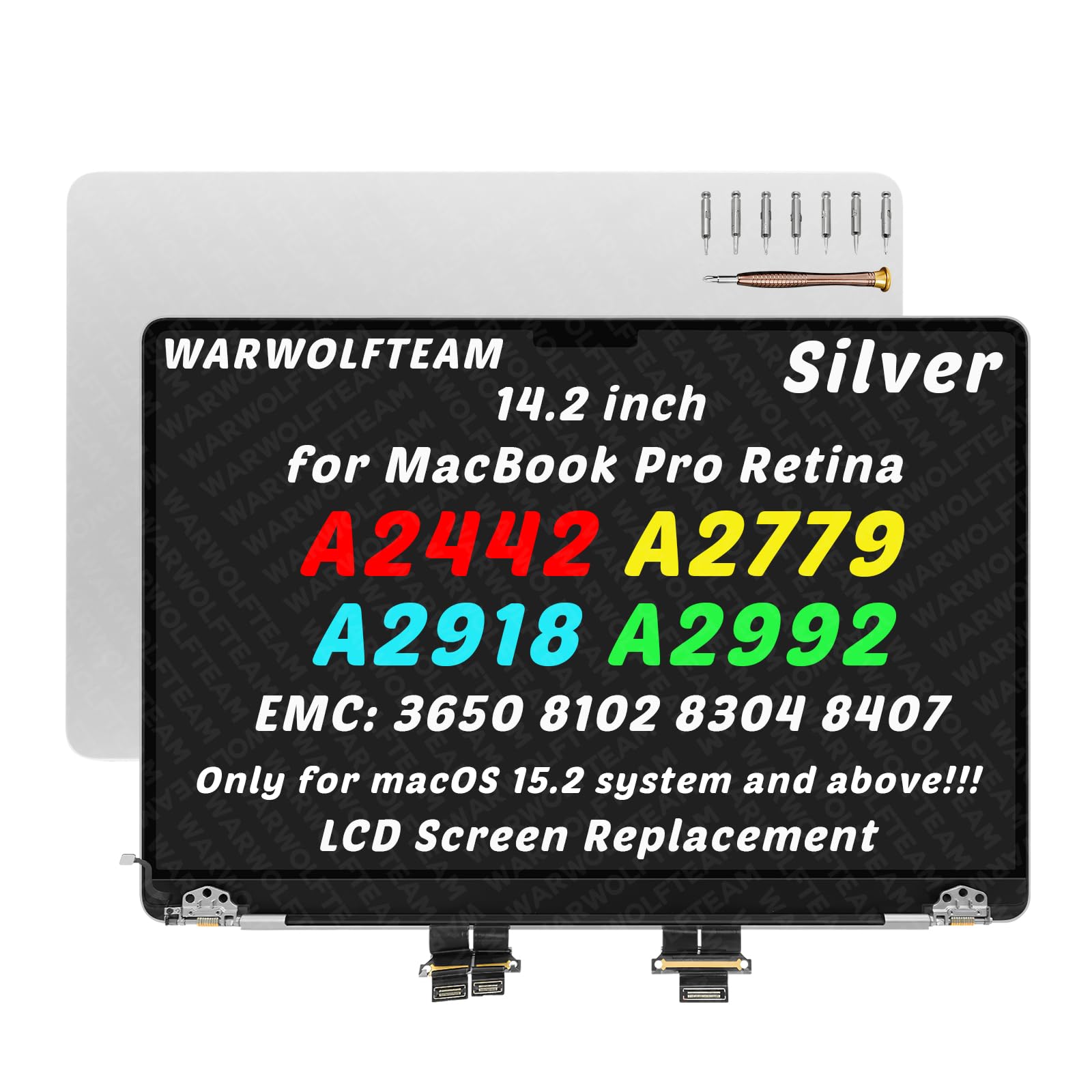 Photo 1 of WARWOLFTEAM 14.2inch Compatible with MacBook Pro A2442 A2779 A2918 A2992 Retina M1 M2 M3 2021 2023 EMC 3650 EMC 8102 EMC 8304 EMC 8407 3024 x 1964 LCD LED Screen Replacement Complete Assembly(Silver)