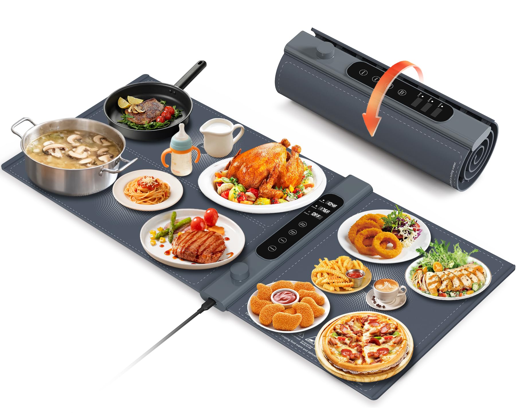 View 1 of 3-Zone Independent Warming Mat for Food 40"x17" XXL, Food Warming Mat with 17 Precise Temp Levels & 1–6H Timer, Heating Mat for Food, Silicone Roll-Up Food Warmer & Warming Tray for Party Buffets