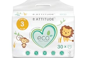 ATTITUDE Natural Diapers, Non-Toxic, Eco-Friendly, Safe for Sensitive Skin, Chlorine-Free, Leak-Free & Biodegradable Baby Diapers, Plain White (Unprinted), Size 3 (9-20 lbs), 30 Count (16230)