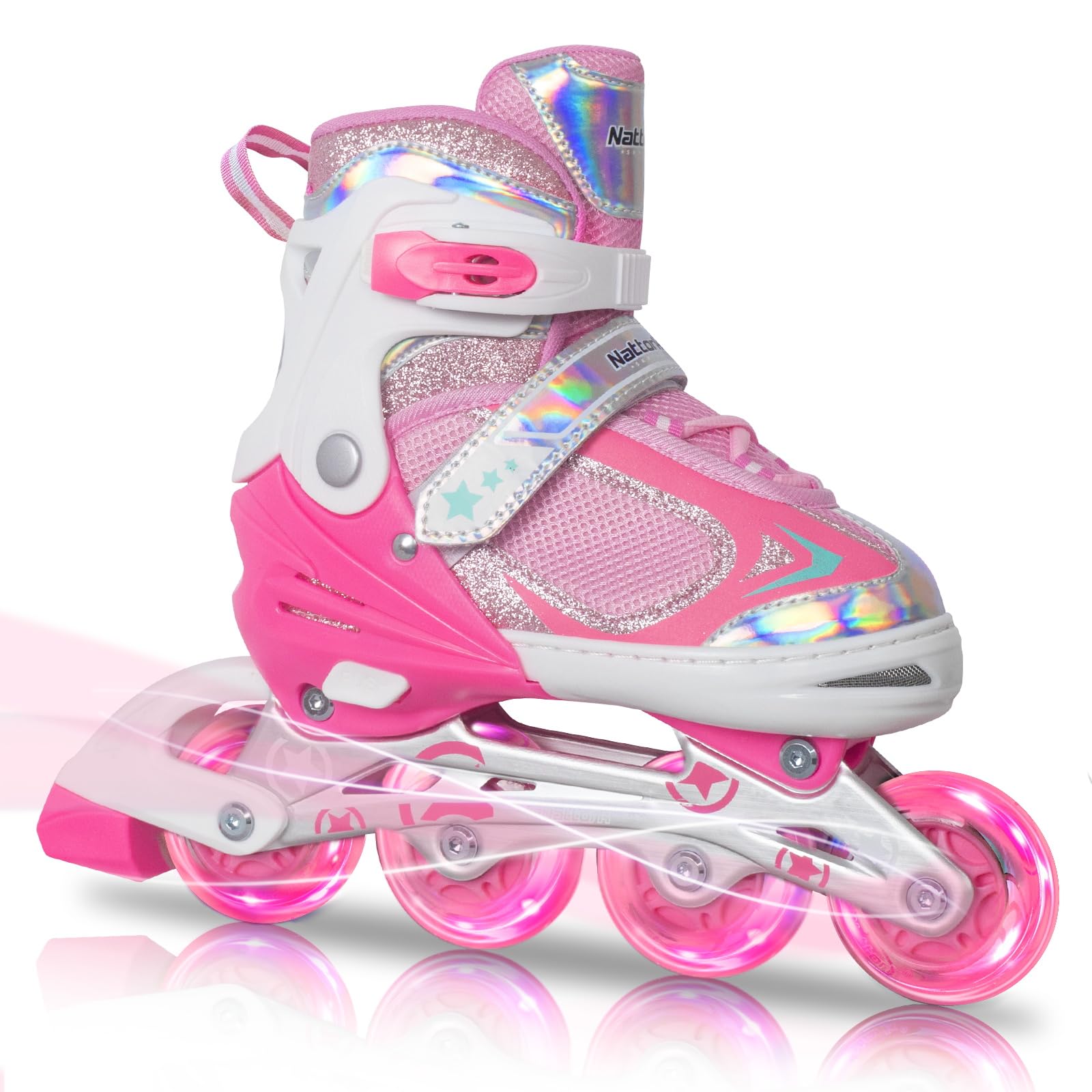 Nattork Blade Roller Skates for Girls with Light Up Wheel,Adjustable Illminating Inline Skates for Big Kids Youth Teen Children's Outdoor & Indoor Ages 6-12 9 10 11 12, Beginners Pink Image