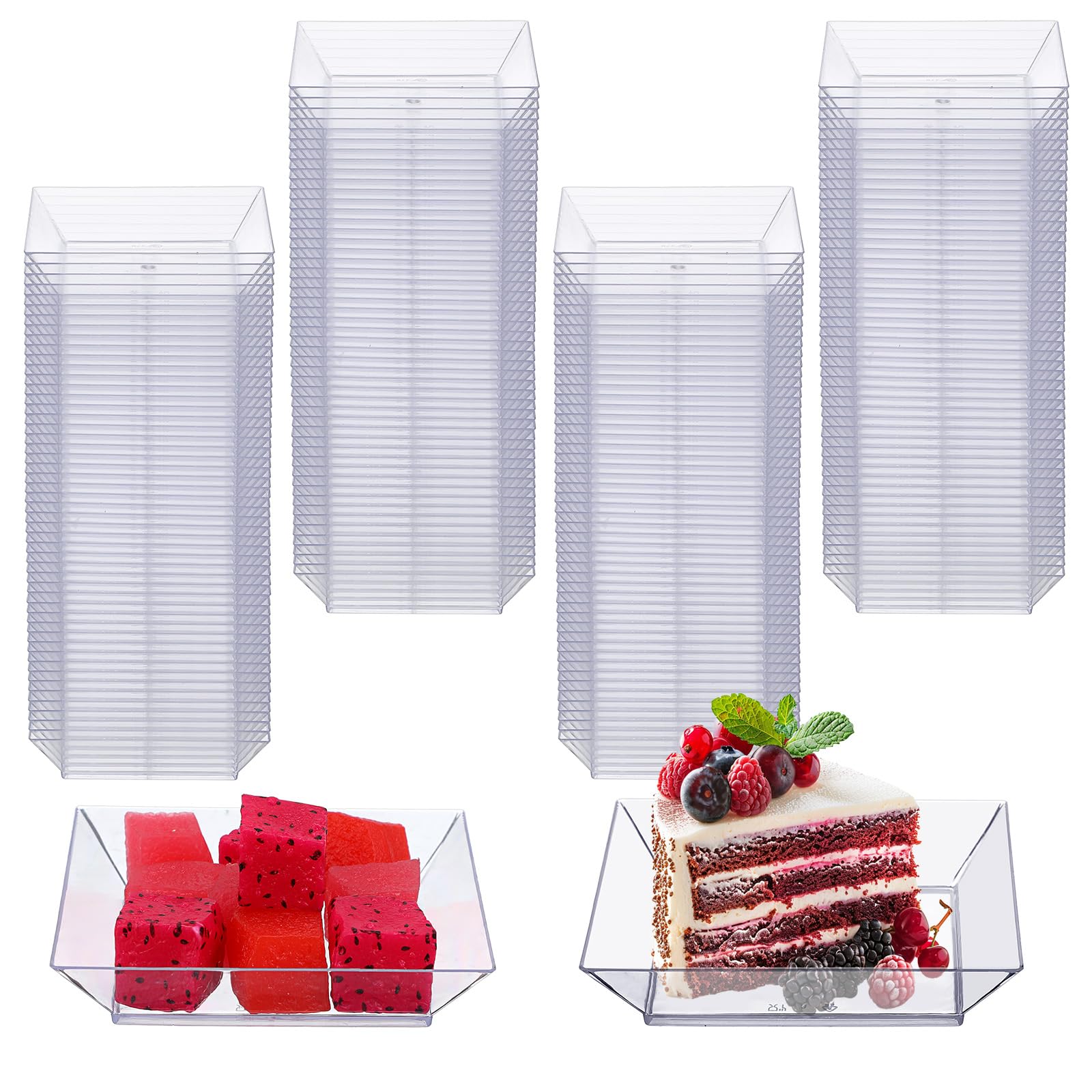 Photo 1 of 100 Pcs Clear Plastic Dessert Plates, 3.6 Inch Disposable Mini Dessert Plates Square Plate Mini Plastic Tray Desserts Cake Plate Salad Tasting Sample Dish for Wedding Cake Appetizer Parties Reception