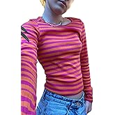 Women Striped Long Sleeve Grunge Shirt Y2k Off The Shoulder Top Vintage Fall Tops Tee Blouse Aesthetic Goth Clothes