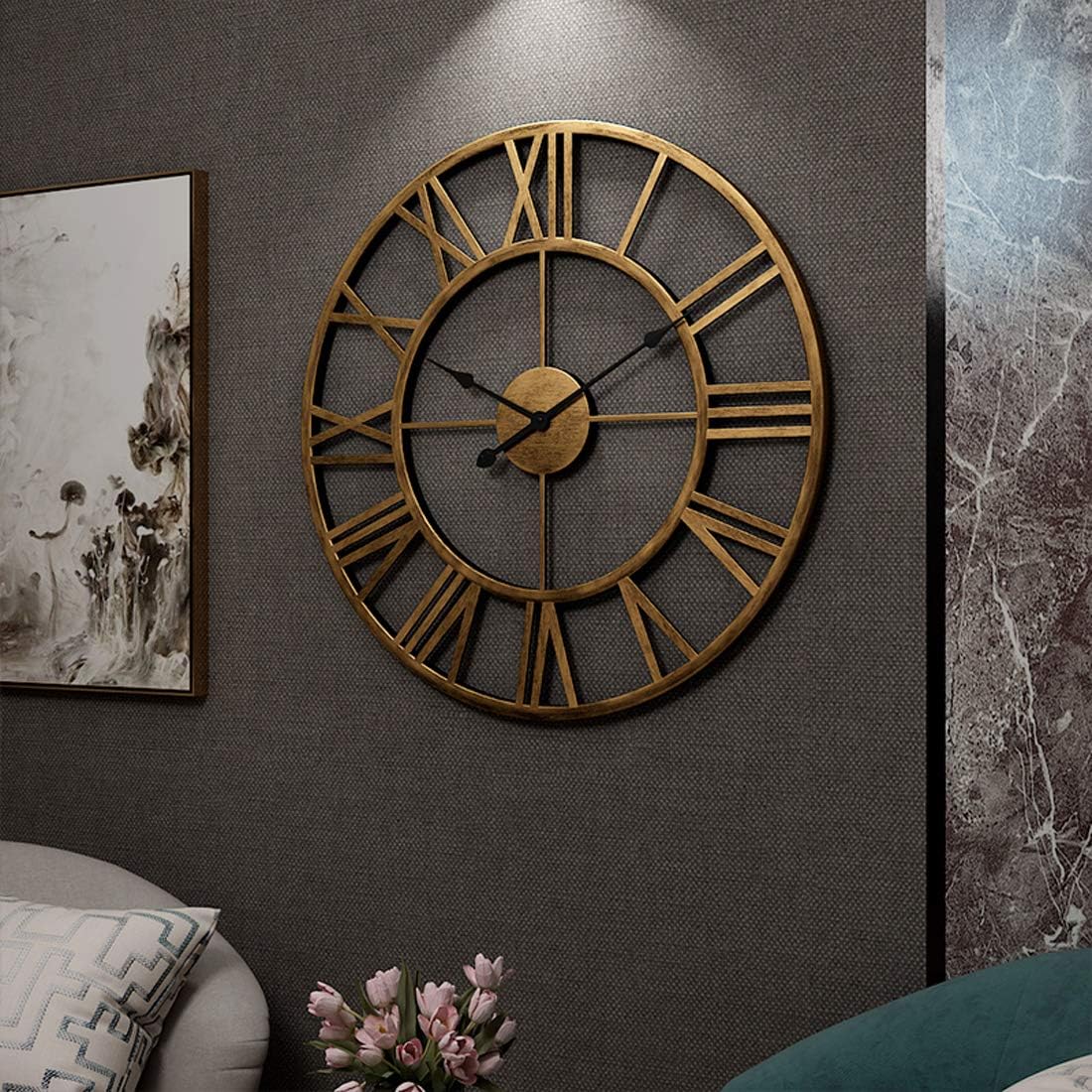 RuiyiF 24 Inch Metal Wall Clock Large Decorative Rustic Farmhouse Oversized, Silent Non-Ticking Battery Operated Kitchen Bedroom Living Room Wall Clock Large Decorative (Gold): Home & Kitchen