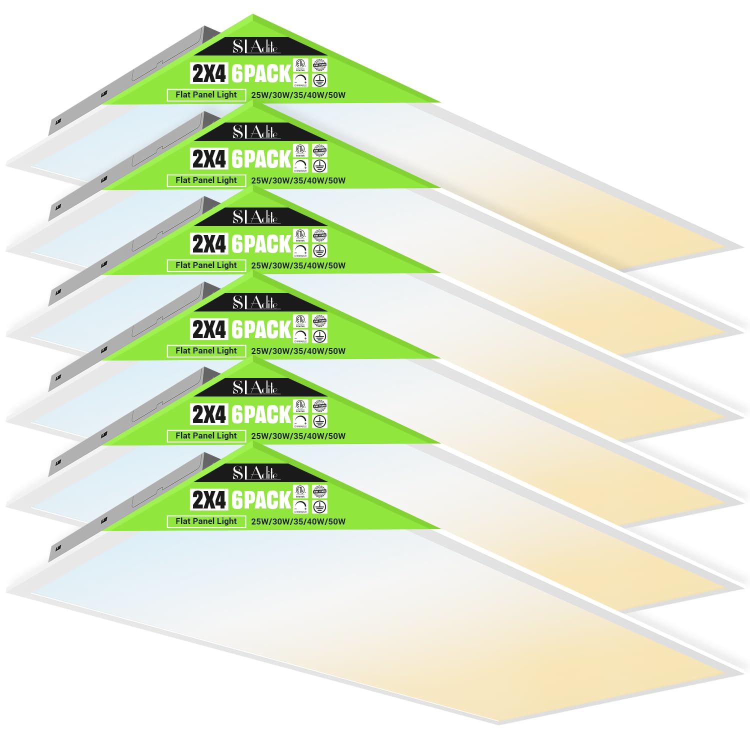 Photo 1 of *HEAVY * Damage to corners?* SLAclite 6 Pack 2x4 LED Flat Panel Light 50/40/35/30/25W 6500lm Adjustable, 0-10V Dimmable LED Flush Mount Ceiling Light Fixtures, 2.7K/3K/3.5K/4K/5K Selectable for Office Kitchen Garage - ETL Listed
