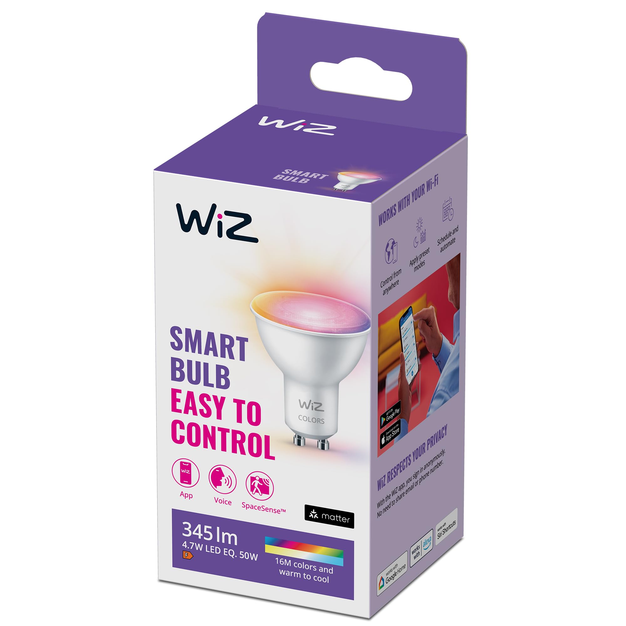 WiZ Smart Bulb, Colour GU10 Spot, Smart Dimming LED, Connected WiFi Works with Alexa, Google Assistant & HomeKit, App Control for Home Indoor Lighting, Livingroom, Bedroom, Energy Monitoring