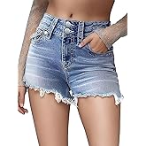 Flamingals Jean Shorts for Women Stretchy Mid Waisted Summer Raw Hem Denim Jean Shorts