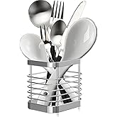 KEINEUX Utensil Holder Kitchen Countertop Organizer, Cutlery Drainer Sink Caddy Storage Drying Rack for Silverware Flatware and Cookware Stainless Steel(Silver-S)