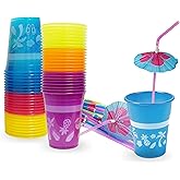 4E's Novelty 48 Packs Tropical Party Cups with Parasol Straws - Disposable Plastic Cups 16oz BPA free, for Hawaiian Luau Party and Pool Parties, Beach Theme Birthday Decorations for Kids & Adults