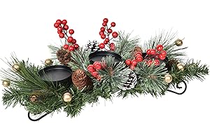 Artiflr 22 Inch Christmas Candle Holder Centerpiece Clearance, Pine Cones and Gold Red Berry Table Centerpiece with 3 Candle Holders Table Accent Centerpiece for Festival Home Decoration