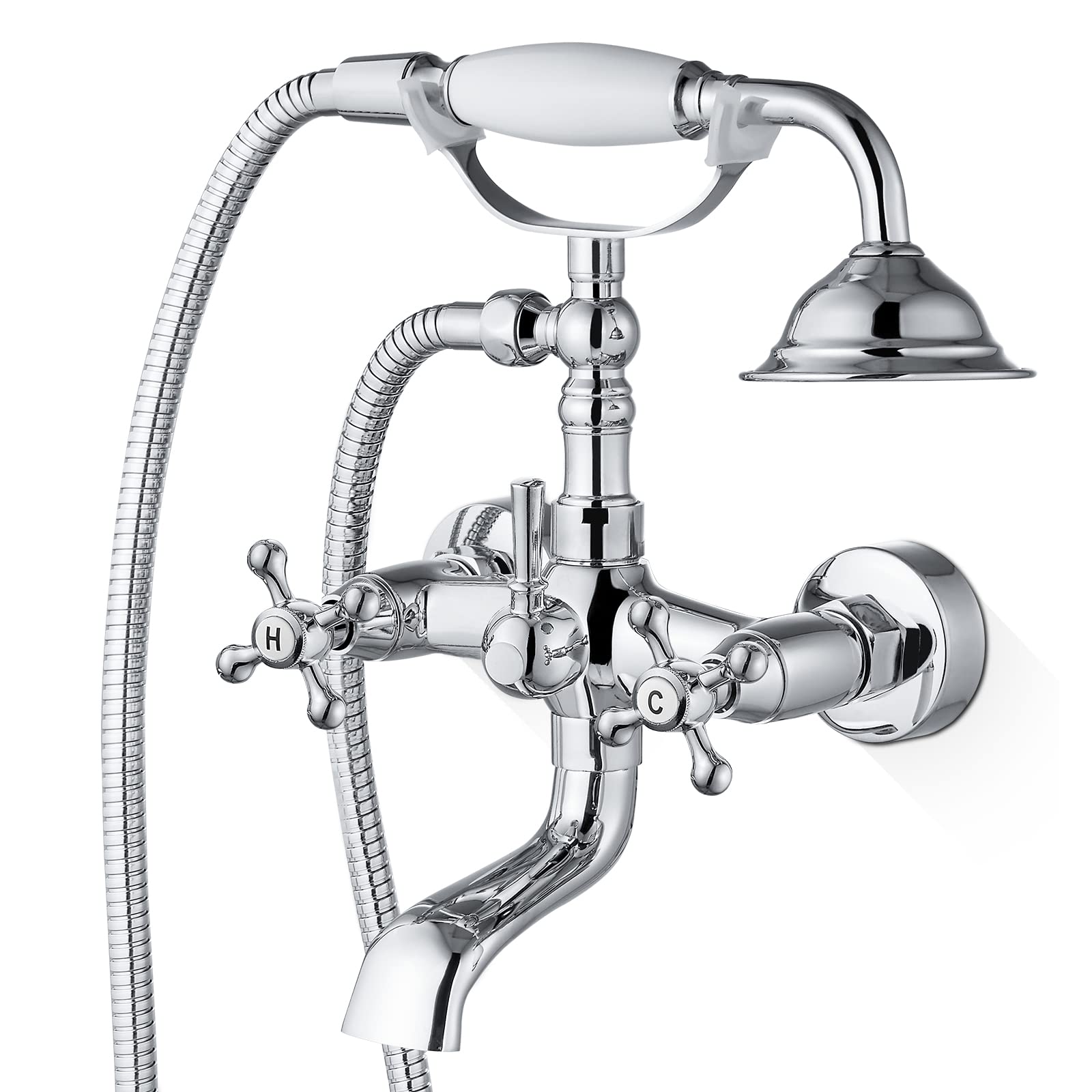 Airuida Wall Mount Bathtub Faucet Chrome Polish with Handheld Shower Sprayer Bathroom Tub Faucet Hot and Cold Water Mixer Tap Shower Vintage Style Bathroom Faucet Double Cross Handles