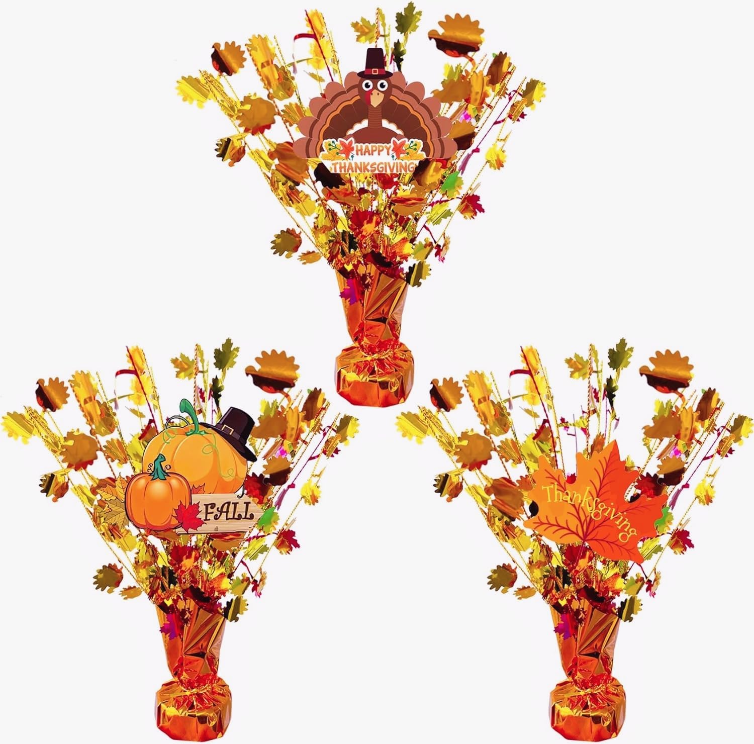 Photo 1 of 3 Pack Thanksgiving Day Fall Spray Centerpieces-Balloon Weight Centerpieces Gold Orange Metallic Strands Die-Cut Foil Autumn Leaves Centerpieces Thanksgiving Day Party Supplies Table Decorations