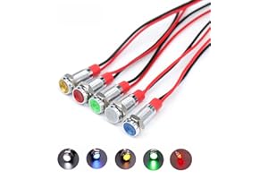 YQBONANZA 10PCS 8mm (1/3 inch mounting Hole) AC/DC 12-24V LED Metal Indicator Lights, Waterproof Signal Lights, Wired Driving Indicator Lights,(Green/Yellow/Red/Blue/White, Each 2PCS, Mix Light)