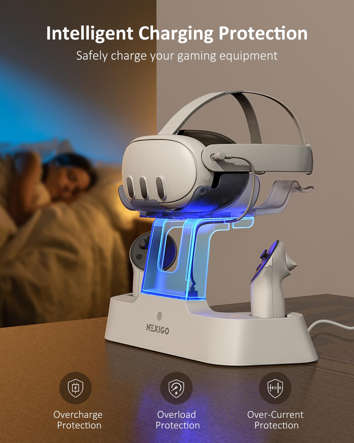 NexiGo Enhanced Charging Dock for Meta Quest 3 and 3S, with LED Light [On/Off], [Support Elite Strap with Battery], Headset Display Holder and Controller Mount, Rechargeable Batteries, White