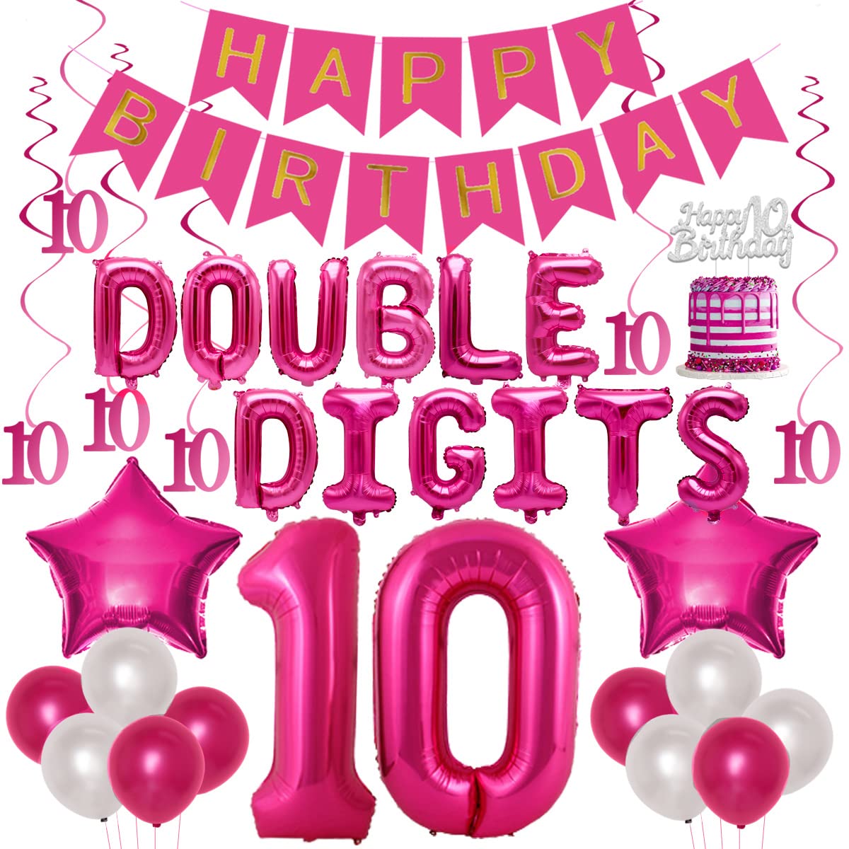 10th Birthday Decorations - Hot Pink Double Digits Banner, Cake Topper, Silver Balloons & Foil Balloons for Girls 10 Years Old Party