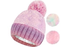 BROMZ Kids Toddler Winter Beanie Hat with Pom Pom, Girls Warm Fleece Lined Knit Ski Cap for 2-6 Years, 2 Replaceable Pom Poms