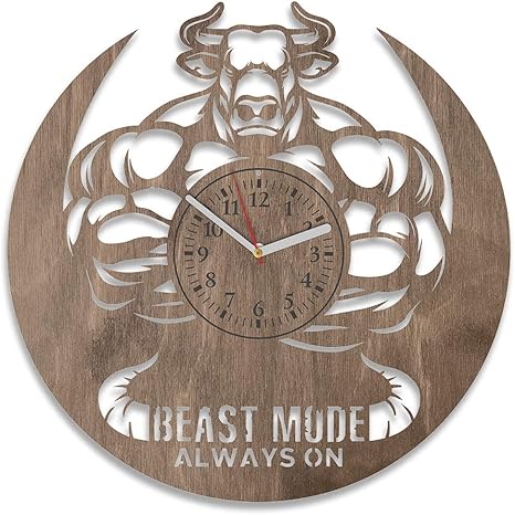 Amazon Com Nadezhdashop Gift Ideas Gym Wooden Clock Gym Wall Art Gift For Boyfriend Sport Art Beast Mode Always On Wooden Wall Clock Sport Gift For Brother For Men Gym Wall Decorations Brown