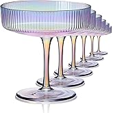 CUKBLESS Iridescent Martini Glasses Set of 6, Champagne Coupe Glasses, Hand Blown Vintage Ribbed, Cocktail for Margarita, Whiskey, Dessert, 7 oz